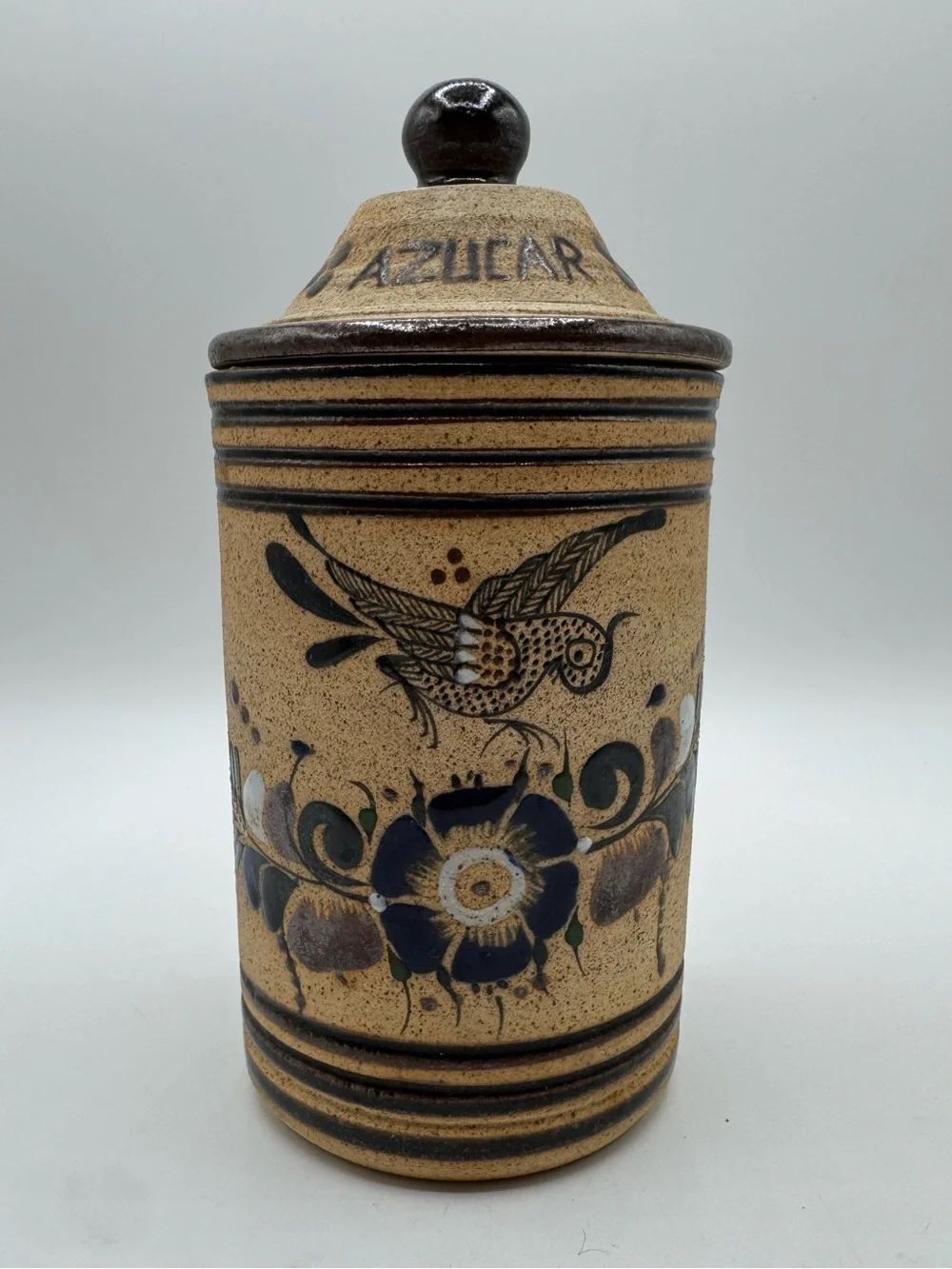 Vintage Tonala Mexican Pottery Bird Sugar Canister Handmade